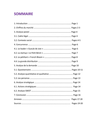SOMMAIRE
1. Introduction …………………………………………………………………………. Page 1
2. Chiffres du marché ………………………………………………………………. Pages 2-3
3. Analyse pestel ……………………………………………………………………… Page 4
3.1. Cadre légal ………………………………………………………………………… Page 4
3.2. Contexte social ………………………………………………………………….. Pages 4-5
4. Concurrence …………………………………………………………………………. Page 6
4.1. Le leader « Gueule de Joie » ……………………………………………… Page 6
4.2. La startup « Le Petit Béret » ……………………………………………… Page 7
4.3. Le pétillant « French Bloom » ……………………………………………. Page 8
4.4. La grande distribution ……………………………………………………….. Page 9
5. Analyse de la demande ………………………………………………………… Page 10
5.1. Questionnaire ……………………………………………………………………. Pages 10-11
5.2. Analyse quantitative et qualitative ………………………………………. Page 12
5.3. Les personas ………………………………………………………………………… Page 13
6. Analyse stratégique ………………………………………………………………… Page 14
6.1. Actions stratégiques ……………………………………………………………. Page 14
6.2. Analyse SWOT ……………………………………………………………………… Page 15
7. Conclusion ………………………………………………………………………………. Page 16
Annexes …………………………………………………………………………………. Pages 17-18
Sources …………………………………………………………………………………… Pages 19-20
 