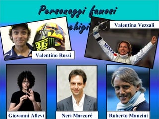 Personaggi famosiPersonaggi famosi
marchigianimarchigiani
Valentino Rossi
Valentina Vezzali
Giovanni Allevi Neri Marcoré Roberto Mancini
 