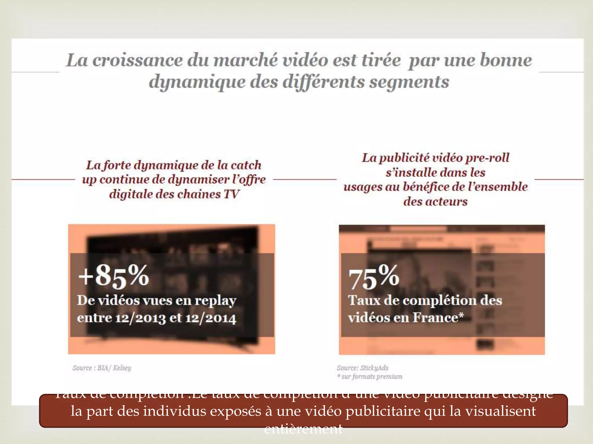 Taux de complétion :Le taux de complétion d’une vidéo publicitaire désigne
la part des individus exposés à une vidéo publicitaire qui la visualisent
entièrement