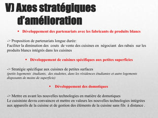 V) Axes stratégiques
d’amélioration
 Développement des partenariats avec les fabricants de produits blancs
-> Proposition de partenariats longue durée:
Faciliter la diminution des couts de vente des cuisines en négociant des rabais sur les
produits blancs intégrés dans les cuisines
 Développement de cuisines spécifiques aux petites superficies
-> Stratégie spécifique aux cuisines de petites surfaces
(petits logements étudiants, des studettes, dans les résidences étudiantes et autre logements
disposants de moins de superficie)
 Développement des domotiques
-> Mettre en avant les nouvelles technologies en matière de domotiques
Le cuisiniste devra convaincre et mettre en valeurs les nouvelles technologies intégrées
aux appareils de la cuisine et de gestion des éléments de la cuisine sans fils à distance .
 