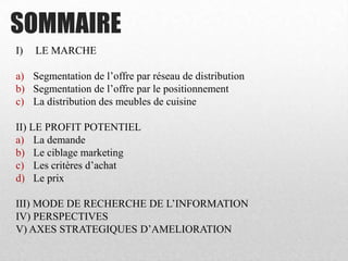 SOMMAIRE
I) LE MARCHE
a) Segmentation de l’offre par réseau de distribution
b) Segmentation de l’offre par le positionnement
c) La distribution des meubles de cuisine
II) LE PROFIT POTENTIEL
a) La demande
b) Le ciblage marketing
c) Les critères d’achat
d) Le prix
III) MODE DE RECHERCHE DE L’INFORMATION
IV) PERSPECTIVES
V) AXES STRATEGIQUES D’AMELIORATION
 