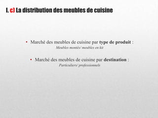 I. c) La distribution des meubles de cuisine
• Marché des meubles de cuisine par type de produit :
Meubles montés/ meubles en kit
• Marché des meubles de cuisine par destination :
Particuliers/ professionnels
 