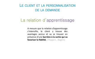 LE CLIENT ET LA PERSONNALISATION 
DE LA DEMANDE 
La relation d’apprentissage 
A mesure que la relation d’apprentissage 
s’intensifie, le client y trouve des 
avantages accrus et va se trouver en 
présence d’une barrière à la sortie qui va 
favoriser la fidélité. ( Peppers , Rogers) 
 