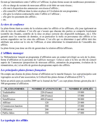 En tant qu’intermédiaire entre l’affilié et l’affilieur, la plate-forme assure de nombreuses prestations :
elle se charge de recruter de nouveaux affiliés et de bâtir un vaste réseau ;
elle met à disposition des annonceurs son réseau d’affiliés ;
elle conseille l’affilieur dans la mise en place et l’évolution de son programme ;
elle gère la relation contractuelle entre l’affilié et l’affilieur ;
elle gère les paiements des affiliés ;
etc.
Le tiers de confiance
La plate-forme étant au centre de la relation entre les affiliés et les affilieurs, elle joue également un
rôle de tiers de confiance. C’est elle qui s’assure que chacune des parties se comporte loyalement
(contrôle des fraudes, contrôle de la mise en place correcte des dispositifs techniques, etc.). Elle
garantit aussi les remontés de données, et en particulier le trafic en provenance des affiliés et les
actions engendrées sur les sites des affilieurs. C’est elle qui va déterminer à quel affilié doit être
attribuée une action sur le site de l’affilieur, et ainsi déterminer la rémunération de l’ensemble des
affiliés.
La plate-forme joue donc un rôle de garant dans la relation affiliés/affilieurs.
L’affiliate manager
Le Webmarketeur lançant un programme d’affiliation aura un contact privilégié au sein de la plate-
forme d’affiliation en la personne de l’affiliate manager. Celui-ci aura à la fois un rôle de conseil
auprès de l’annonceur (proposition de nouveaux affiliés, animation du programme, évolution de la
rémunération, etc.) et un rôle de gestion du programme auprès des affiliés.
Les principales plates-formes françaises
On compte une dizaine de plates-formes d’affiliation sur le marché français. Les sept principales sont
regroupées au sein d’une association, le Collectif des plates-formes d’affiliation (CPA11).
Selon un article paru en octobre 2009 sur le Journal du Net12, ces sept plates-formes gèrent plus de 1
500 programmes d’affiliation.
PLATES-FORMES NOMBRE D’ANNONCEURS NOMBRE D’AFFILIÉS
Tradedoubler 220 (France) 19 000
Zanox 240 (France) 15 000
Netaffiliation 400 (France) 30 000
Affilinet 120 25 000
Commission Junction 200 15 000
Effiliation 200 45 000
Public-Idées 350 17 000
La typologie des affiliés
 
