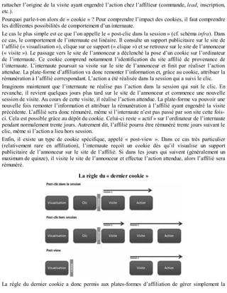 rattacher l’origine de la visite ayant engendré l’action chez l’affilieur (commande, lead, inscription,
etc.).
Pourquoi parle-t-on alors de « cookie » ? Pour comprendre l’impact des cookies, il faut comprendre
les différentes possibilités de comportement d’un internaute.
Le cas le plus simple est ce que l’on appelle le « post-clic dans la session » (cf. schéma infra). Dans
ce cas, le comportement de l’internaute est linéaire. Il consulte un support publicitaire sur le site de
l’affilié (« visualisation »), clique sur ce support (« clique ») et se retrouve sur le site de l’annonceur
(« visite »). Le passage vers le site de l’annonceur a déclenché la pose d’un cookie sur l’ordinateur
de l’internaute. Ce cookie comprend notamment l’identification du site affilié de provenance de
l’internaute. L’internaute poursuit sa visite sur le site de l’annonceur et finit par réaliser l’action
attendue. La plate-forme d’affiliation va donc remonter l’information et, grâce au cookie, attribuer la
rémunération à l’affilié correspondant. L’action a été réalisée dans la session qui a suivi le clic.
Imaginons maintenant que l’internaute ne réalise pas l’action dans la session qui suit le clic. En
revanche, il revient quelques jours plus tard sur le site de l’annonceur et commence une nouvelle
session de visite. Au cours de cette visite, il réalise l’action attendue. La plate-forme va pouvoir une
nouvelle fois remonter l’information et attribuer la rémunération à l’affilié ayant engendré la visite
précédente. L’affilié sera donc rémunéré, même si l’internaute n’est pas passé par son site cette fois-
ci. Cela est possible grâce au dépôt du cookie. Celui-ci reste « actif » sur l’ordinateur de l’internaute
pendant normalement trente jours. Autrement dit, l’affilié pourra être rémunéré trente jours suivant le
clic, même si l’action a lieu hors session.
Enfin, il existe un type de cookie spécifique, appelé « post-view ». Dans ce cas très particulier
(relativement rare en affiliation), l’internaute reçoit un cookie dès qu’il visualise un support
publicitaire de l’annonceur sur le site de l’affilié. Si dans les jours qui suivent (généralement un
maximum de quinze), il visite le site de l’annonceur et effectue l’action attendue, alors l’affilié sera
rémunéré.
La règle du « dernier cookie »
La règle du dernier cookie a donc permis aux plates-formes d’affiliation de gérer simplement la
 