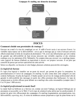 Campagne d’e-mailing, une démarche dynamique
FOCUS
Comment choisir son prestataire de routage ?
Envoyer un e-mail n’a rien de compliqué en soi. Il suffit d’avoir accès à un serveur d’envoi. Le
véritable enjeu repose sur la déliverabilité : est-ce que le message que je viens d’envoyer arrivera
effectivement dans la boîte de réception du destinataire ? Or, avoir une infrastructure qui soit à même
de garantir une déliverabilité de haut niveau nécessite une véritable expertise et des relations
continues avec les opérateurs (FAI, Webmails). Ne comptez donc pas envoyer vos e-mailings depuis
votre logiciel de bureau (Outlook ou équivalent) à travers vos propres serveurs. Il est plus que
conseillé de passer par un tiers spécialiste de cette activité.
Selon vos objectifs, vos besoins et votre budget, plusieurs solutions peuvent être envisagées.
Le logiciel de bureau
Il s’agit d’un logiciel à installer sur un poste de travail, qui permet de gérer la conception, la
personnalisation et l’envoi de campagnes d’e-mailing. Le plus connu dans cette catégorie est sans
conteste Sarbacane. En plus du logiciel, il faudra ajouter un service de routage professionnel afin de
garantir la déliverabilité des messages (à partir des offres premium chez Sarbacane). Ce type de
solution peut se révéler efficace pour débuter un e-mailing à des coûts raisonnables (compter entre 2
€ et 5 € pour 1 000 envois).
Le logiciel professionnel en mode SaaS
Le mode SaaS ou Software as a Service est, comme son nom l’indique, un logiciel hébergé par un
prestataire et accessible via le Web. C’est le type de solution le plus utilisé par les professionnels. Il
permet de gérer très efficacement des campagnes d’e-mailing (segmentation, personnalisation, test,
déliverabilité, reporting, etc.). Il existe de nombreux acteurs proposant ce type de plate-forme sur le
 