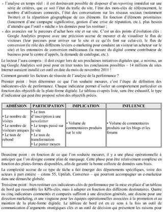 l’analyse en temps réel : il est dorénavant possible de disposer d’un reporting immédiat sur une
série de critères, que ce soit l’état du trafic du site, l’état des mots-clés de référencement, le
nombre d’utilisateurs connectés, l’état des conversations sur les réseaux sociaux (notamment
Twitter) et la répartition géographique de ces éléments. En fonction d’éléments prioritaires
(lancement d’une campagne significative, gestion d’une crise de réputation, etc.), plus besoin
d’attendre que l’outil « mâche » les données pour les restituer ;
des avancées sur le parcours d’achat hors site et sur site. C’est un des points d’évolution clés :
Google Analytics propose avec une précision accrue de mesurer et de visualiser le flux de
visiteurs (leur parcours pour arriver sur le site et ce qu’ils font sur celui-ci), le flux de
conversion (le rôle des différents leviers e-marketing pour conduire un visiteur/un acheteur sur le
site) et les entonnoirs de conversion multicanaux (la mesure du digital comme contributeur de
business pour le centre d’appels, la demande de catalogue, etc.).
Le lecteur l’aura compris : il doit exiger lors de ses prochaines initiatives digitales que, a minima, un
tag Google Analytics soit posé pour en tirer toutes les conclusions possibles – 14 millions de sites
Internet auraient installé cet outil en date du mois de novembre 2011 !
Comment garantir les facteurs de réussite de l’analyse de la performance ?
Premier point : bien déterminer ce que l’on souhaite mesurer, c’est l’étape de définition des
indicateurs-clés de performance. Chaque indicateur permet d’isoler un comportement particulier en
fonction des objectifs de la plate-forme digitale. Le tableau ci-après liste, sans être exhaustif, le type
d’indicateur qui peut être proposé selon des objectifs précis.
ADHÉSION PARTICIPATION IMPLICATION INFLUENCE
• Le nombre de
visites
• Le nombre de
visiteurs uniques
• Le taux de
rebond
• Le taux
d’inscription à une
newsletter
• Le temps passé sur
le site
• Le taux de
transformation
• Le panier moyen
• Volume de
commentaires produits
sur le site
• Volume de commentaires
produits sur les blogs et les
forums
Deuxième point : en fonction de ce que l’on souhaite mesurer, il y a une phase opérationnelle à
anticiper que l’on désigne comme plan de marquage. Cette phase peut être relativement complexe en
fonction des plates-formes disponibles, afin de garantir la bonne collecte de données sans biais.
La complexité accrue de ce type de tâche a fait émerger des départements spécifiques, voire des
acteurs à part entière – citons 55, Uptilab, Converteo – qui pourront accompagner un e-marketeur
dans une démarche globale.
Troisième point : bien restituer ces indicateurs-clés de performance par la mise en place d’un tableau
de bord qui rassemble les KPIs-clés, mais à adapter en fonction des différents destinataires. Quatre
ou cinq indicateurs commentés et comparés suffiront à une direction générale, une dizaine pour une
direction marketing, et une vingtaine pour les équipes opérationnelles associées à la promotion et au
maintien de la plate-forme digitale. Le tableau de bord est en ce sens à la fois un outil de
communication d’arguments stratégiques clés et un outil de décision qui présentent les raisons pour
 
