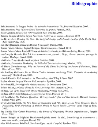 Bibliographie
Chris Anderson, La Longue Traîne : la nouvelle économie est là !, Pearson Education, 2007.
Chris Anderson, Free ! Entrez dans l’économie du gratuit, Pearson, 2009.
Olivier Andrieu, Réussir son référencement Web, Eyrolles, 2008.
Christine Balagué et David Fayon, Facebook, Twitter et les autres..., Pearson, 2010.
Tim Berners-Lee, Weaving the Web : The Original Design and Ultimate Destiny of the World Wide
Web, HarperOne, 1999.
Jean-Marc Decaudin et Jacques Digout, E-publicité, Dunod, 2011.
Thomas Faivre-Duboz et Raphaël Fétique, Web Conversions, Dunod, 2010.
Thomas Faivre-Duboz, Raphaël Fétique et Antoine Lendrevie, Le Web marketing, Dunod, 2011.
Jean-François Gervais, Web 2.0. Les internautes au pouvoir : blogs, réseaux sociaux, partage de
vidéos, Mashups, Dunod, 2007.
Seth Godin, Tribes (traduction française), Diateino, 2009.
Seth Godin, Permission Marketing : la Bible de l’Internet Marketing, Maxima, 2009.
Jeff Howe, Crowdsourcing : Why the Power of the Crowd is Driving the Future of Business , Three
Rivers Press, 2009.
Julia Jouffroy, Guillaume Ber et Martin Tissier, Internet marketing 2010 : l’odyssée du marketing
interactif, Elenbi éditeur, 2010.
Avinash Kaushik, Web Analytics : An Hour a Day, John Wiley & Sons, 2007.
Nicolas Malo et Jacques Warren, Web Analytics, Eyrolles, 2009.
Pierre Mercklé, Sociologie des réseaux sociaux, La Découverte, 2004.
Michael Miller, Le Guide ultime du Web Marketing, First Interactive, 2011.
Jon Reed, Get Up to Speed with Online Marketing, Prentice Hall, 2010.
Jon Reed et Christine Balagué, Le Marketing en ligne, Pearson, 2011.
Fred Reichheld, The Ultimate Question : Driving Good Profits and True Growth, Harvard Business
School Press, 2006.
David Meerman Scott, The New Rules of Marketing and PR : How to Use News Releases, Blogs,
Podcasting, Viral Marketing, & Online Media to Reach Buyers Directly , John Wiley & Sons,
2010.
Clay Shirky, Here Comes Everybody : the Power of Organizing Without Organizations , Penguin
Press, 2008.
Thomas Stenger et Stéphane Bourliataux-Lajoinie (sous la dir.), E-marketing et e-commerce :
concepts, outils, pratiques, Dunod, 2011.
Julius Wiedemann et Rob Ford, Succès en ligne : mode d’emploi, Taschen, 2008.
 