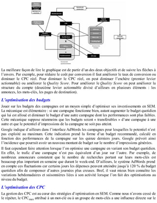 La meilleure façon de lire le graphique est de partir d’un des deux objectifs et de suivre les flèches à
l’envers. Par exemple, pour réduire le coût par conversion il faut améliorer le taux de conversion ou
diminuer le CPC réel. Pour diminuer le CPC réel, on peut diminuer l’enchère (premier levier
actionnable) ou améliorer le Quality Score. Pour améliorer le Quality Score on peut améliorer la
structure du compte (deuxième levier actionnable divisé d’ailleurs en plusieurs éléments : les
annonces, les mots-clés, les pages de destination).
L’optimisation des budgets
Jouer sur les budgets des campagnes est un moyen simple d’optimiser ses investissements en SEM.
La mécanique est élémentaire : si une campagne fonctionne bien, autant augmenter le budget quotidien
qui lui est alloué et diminuer le budget d’une autre campagne dont les performances sont plus faibles.
Cette mécanique suppose néanmoins que les budgets soient « transférables » d’une campagne à une
autre et que le potentiel d’impressions de la campagne ne soit pas atteint.
Google indique d’ailleurs dans l’interface AdWords les campagnes pour lesquelles le potentiel n’est
pas exploité au maximum. Cette indication prend la forme d’un budget recommandé, calculé en
fonction des performances de la campagne sur les quinze derniers jours. Google prévoit ainsi
l’incidence que pourrait avoir un nouveau montant de budget sur le nombre d’impressions générées.
Il faut cependant faire attention lorsque l’on optimise une campagne en variant son budget quotidien.
En effet, le trafic d’une campagne n’est pas équivalent d’un jour sur l’autre. Par exemple, de
nombreux annonceurs constatent que le nombre de recherches portant sur leurs mots-clés est
beaucoup plus important en semaine que durant le week-end. D’ailleurs, le système AdWords prend
en compte ces fluctuations car certains jours les dépenses peuvent atteindre jusqu’à 120 % du budget
quotidien afin de compenser d’autres journées plus creuses. Bref, il vaut mieux bien connaître les
variations hebdomadaires et saisonnières liées à son activité lorsque l’on fait des optimisations au
niveau du budget.
L’optimisation des CPC
La gestion des CPC est au cœur des stratégies d’optimisation en SEM. Comme nous n’avons cessé de
le répéter, le CPCmax attribué à un mot-clé ou à un groupe de mots-clés a une influence directe sur le
 