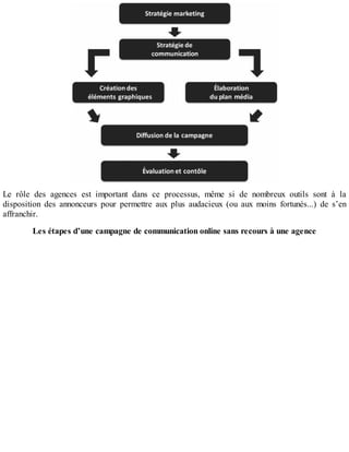 Le rôle des agences est important dans ce processus, même si de nombreux outils sont à la
disposition des annonceurs pour permettre aux plus audacieux (ou aux moins fortunés...) de s’en
affranchir.
Les étapes d’une campagne de communication online sans recours à une agence
 