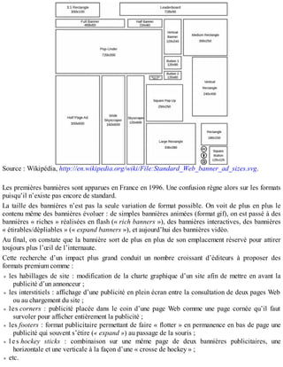 Source : Wikipédia, http://en.wikipedia.org/wiki/File:Standard_Web_banner_ad_sizes.svg.
Les premières bannières sont apparues en France en 1996. Une confusion règne alors sur les formats
puisqu’il n’existe pas encore de standard.
La taille des bannières n’est pas la seule variation de format possible. On voit de plus en plus le
contenu même des bannières évoluer : de simples bannières animées (format gif), on est passé à des
bannières « riches » réalisées en flash (« rich banners »), des bannières interactives, des bannières
« étirables/dépliables » (« expand banners »), et aujourd’hui des bannières vidéo.
Au final, on constate que la bannière sort de plus en plus de son emplacement réservé pour attirer
toujours plus l’œil de l’internaute.
Cette recherche d’un impact plus grand conduit un nombre croissant d’éditeurs à proposer des
formats premium comme :
les habillages de site : modification de la charte graphique d’un site afin de mettre en avant la
publicité d’un annonceur ;
les interstitiels : affichage d’une publicité en plein écran entre la consultation de deux pages Web
ou au chargement du site ;
les corners : publicité placée dans le coin d’une page Web comme une page cornée qu’il faut
survoler pour afficher entièrement la publicité ;
les footers : format publicitaire permettant de faire « flotter » en permanence en bas de page une
publicité qui souvent s’étire (« expand ») au passage de la souris ;
l e s hockey sticks : combinaison sur une même page de deux bannières publicitaires, une
horizontale et une verticale à la façon d’une « crosse de hockey » ;
etc.
 