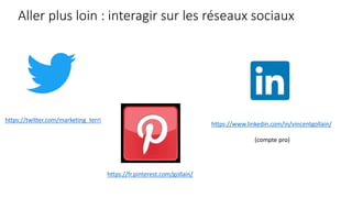 Aller plus loin : interagir sur les réseaux sociaux
https://fr.pinterest.com/gollain/
https://twitter.com/marketing_terri
https://www.linkedin.com/in/vincentgollain/
(compte pro)
 