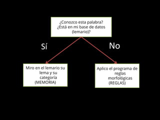 Sí
¿Conozco esta palabra?
¿Está en mi base de datos
(lemario)?
Miro en el lemario su
lema y su
categoría
(MEMORIA)
Aplico el programa de
reglas
morfológicas
(REGLAS)
No
 