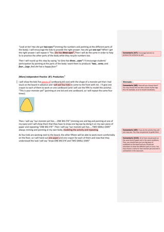 “Look at her! Has she got two eyes
the body). I will encourage the kids to provide the
the right answer I will repeat it “Yes.
Ss to practice the other parts of the body while they recycle numbers too.
Then I will round up this step by saying
participation by pointing at the parts of the body I want them to produce)
four….Legs .And she has a happy face!
(More) independent Practice (8
I will show the kids five pieces of
stuck on the board in advance and
crayon to each of them to work on one cardboard (and I will
“This is your monster pet” (pointing at one kid and one cardboard, so I will repeat the same
times).
Then, I will say “our monster pet has…..ONE BIG EYE
my eyes) and I will show them that they have to draw one big eye by doing it on my own piece of
paper and repeating “ONE BIG EYE
always miming and pointing at my own body
As four kids are working next to the board, the other fifteen will be able to work more comfortably
on the floor, so I will hand out one paper
understood the task I will say “draw
two eyes?”(miming the numbers and pointing at the different parts of
I will encourage the kids to provide the right answer: has she got one eye
“Yes. She has three eyes”. Then I will do the same in order to help
Ss to practice the other parts of the body while they recycle numbers too.
by saying “so Gina has three….eyes“ I´ll encourage students’
participation by pointing at the parts of the body I want them to produce) “two… arms
And she has a happy face!”
(8’). Production.ii
pieces of cardboard (A3 size) with the shape of a monster pet
and I will ask four kids to come to the front with me .
work on one cardboard (and I will use the fifth to model the activity
pet” (pointing at one kid and one cardboard, so I will repeat the same
our monster pet has…..ONE BIG EYE” (miming one and big and pointing at one of
I will show them that they have to draw one big eye by doing it on my own piece of
ONE BIG EYE” .Then I will say “our monster pet has…..TWO SMALL EARS”
my own body, modeling the activity and repeating.
As four kids are working next to the board, the other fifteen will be able to work more comfortably
one paper and one crayon for each of them and now that they
understood the task I will say “draw ONE BIG EYE and TWO SMALL EARS”
”(miming the numbers and pointing at the different parts of
one eye? When I get
Then I will do the same in order to help
I´ll encourage students’
arms, and
monster pet that I had
. I´ll give one
to model the activity) .
pet” (pointing at one kid and one cardboard, so I will repeat the same four
(miming one and big and pointing at one of
I will show them that they have to draw one big eye by doing it on my own piece of
TWO SMALL EARS”
As four kids are working next to the board, the other fifteen will be able to work more comfortably
and one crayon for each of them and now that they
Comentario [A7]: Encourage learners to
produce the sentence as well.
Eliminado: s
Comentario [A8]: How will you choose them?
You may choose the one who crosses his/her legs
first, for example, so as to recycle vocabulary.
Comentario [A9]: If you do the activity they will
just copy you. You may use gestures to guide them.
Comentario [A10]: All of them should work on
the same kind of paper and in the same conditions
Thus, you should have just one big piece of
cardboard on the board and you should ask
volunteers to draw the different parts in turns. You
may choose a name for that monster pet and stick it
somewhere in the classroom.
Encourage learners to
How will you choose them?
You may choose the one who crosses his/her legs
first, for example, so as to recycle vocabulary.
If you do the activity they will
You may use gestures to guide them.
All of them should work on
and in the same conditions.
Thus, you should have just one big piece of
cardboard on the board and you should ask
volunteers to draw the different parts in turns. You
may choose a name for that monster pet and stick it
 