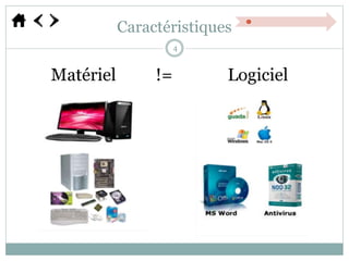 Caractéristiques
Matériel != Logiciel
4
 