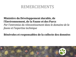 REMERCIEMENTS	
  
Ministère	
  du	
  Développement	
  durable,	
  de	
  
l’Environnement,	
  de	
  la	
  Faune	
  et	
  des	
  Parcs	
  
Par	
  l’entremise	
  du	
  réinvestissement	
  dans	
  le	
  domaine	
  de	
  la	
  
faune	
  et	
  l’expertise	
  technique	
  
	
  
Bénévoles	
  et	
  responsables	
  de	
  la	
  collecte	
  des	
  données	
  

 