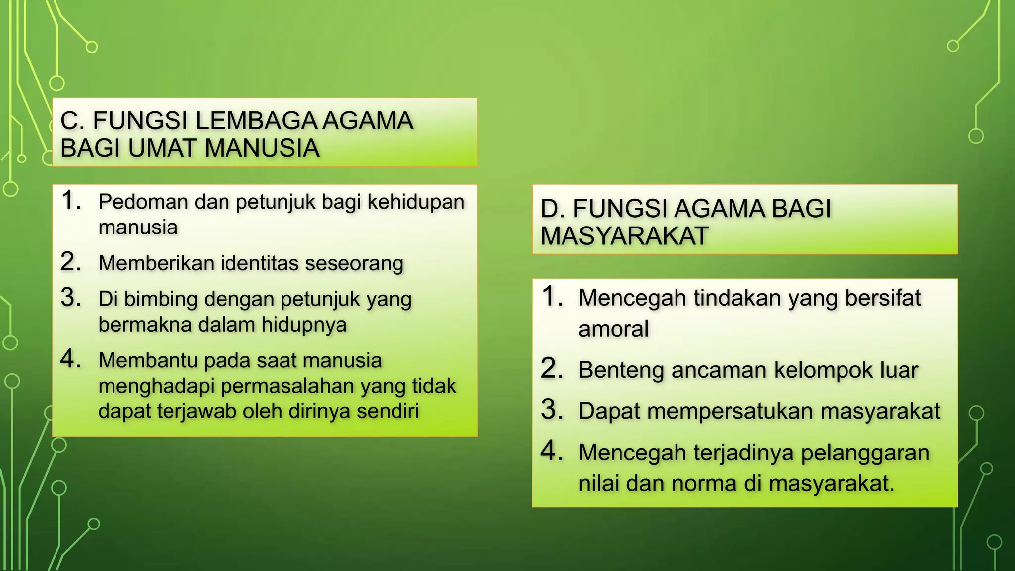 C. FUNGSI LEMBAGA AGAMA 
BAGI UMAT MANUSIA 
1. Pedoman dan petunjuk bagi kehidupan 
manusia 
2. Memberikan identitas seseorang 
3. Di bimbing dengan petunjuk yang 
bermakna dalam hidupnya 
4. Membantu pada saat manusia 
menghadapi permasalahan yang tidak 
dapat terjawab oleh dirinya sendiri 
D. FUNGSI AGAMA BAGI 
MASYARAKAT 
1. Mencegah tindakan yang bersifat 
amoral 
2. Benteng ancaman kelompok luar 
3. Dapat mempersatukan masyarakat 
4. Mencegah terjadinya pelanggaran 
nilai dan norma di masyarakat. 
 