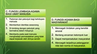 C. FUNGSI LEMBAGA AGAMA 
BAGI UMAT MANUSIA 
1. Pedoman dan petunjuk bagi kehidupan 
manusia 
2. Memberikan identitas seseorang 
3. Di bimbing dengan petunjuk yang 
bermakna dalam hidupnya 
4. Membantu pada saat manusia 
menghadapi permasalahan yang tidak 
dapat terjawab oleh dirinya sendiri 
D. FUNGSI AGAMA BAGI 
MASYARAKAT 
1. Mencegah tindakan yang bersifat 
amoral 
2. Benteng ancaman kelompok luar 
3. Dapat mempersatukan masyarakat 
4. Mencegah terjadinya pelanggaran 
nilai dan norma di masyarakat. 
 