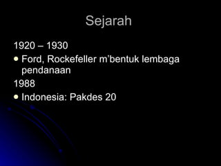 Sejarah  1920 – 1930 Ford, Rockefeller m’bentuk lembaga pendanaan 1988 Indonesia: Pakdes 20 