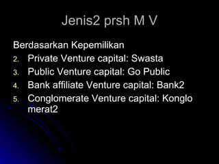 Jenis2 prsh M V Berdasarkan Kepemilikan Private Venture capital: Swasta Public Venture capital: Go Public Bank affiliate Venture capital: Bank2 Conglomerate Venture capital: Konglo merat2 