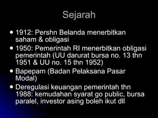 Sejarah 1912: Pershn Belanda menerbitkan saham & obligasi 1950: Pemerintah RI menerbitkan obligasi pemerintah (UU darurat bursa no. 13 thn 1951 & UU no. 15 thn 1952) Bapepam (Badan Pelaksana Pasar Modal) Deregulasi keuangan pemerintah thn 1988: kemudahan syarat go public, bursa paralel, investor asing boleh ikut dll 