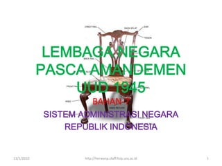 LEMBAGA NEGARA
            PASCA AMANDEMEN
                UUD 1945
                         BAHAN-7
            SISTEM ADMINISTRASI NEGARA
                REPUBLIK INDONESIA


11/1/2010           http://herwanp.staff.fisip.uns.ac.id   1
 