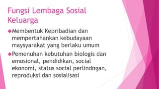 Fungsi Lembaga Sosial
Keluarga
Membentuk Kepribadian dan
mempertahankan kebudayaan
maysyarakat yang berlaku umum
Pemenuhan kebutuhan biologis dan
emosional, pendidikan, social
ekonomi, status social perlindngan,
reproduksi dan sosialisasi
 