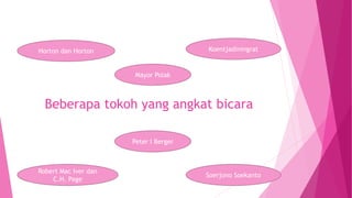 Beberapa tokoh yang angkat bicara
Soerjono Soekanto
Horton dan Horton Koentjadiningrat
Robert Mac Iver dan
C.H. Page
Peter l Berger
Mayor Polak
 