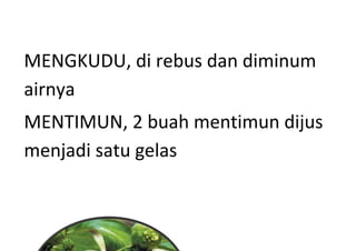 MENGKUDU, di rebus dan diminum
airnya
MENTIMUN, 2 buah mentimun dijus
menjadi satu gelas