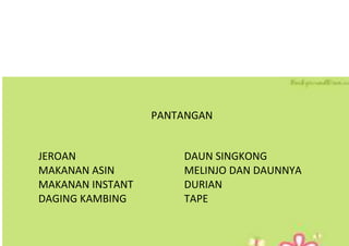 PANTANGAN
JEROAN DAUN SINGKONG
MAKANAN ASIN MELINJO DAN DAUNNYA
MAKANAN INSTANT DURIAN
DAGING KAMBING TAPE