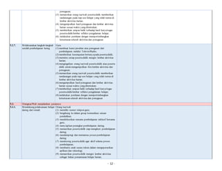 - 12 -
penugasan;
(3) memastikan orang tua/wali pesertadidik memberikan
tandatangan pada tiap sesi belajar yang telah tuntas di
lembar aktivitas harian;
(4) mengumpulkan hasil penugasan dan lembar aktivitas
harian sesuai waktu yang ditentukan;
(5) memberikan umpan balik terhadap hasil karya/tugas
pesertadidik/lembar refleksi pengalaman belajar;
(6) melakukan penilaian dengan mempertimbangkan
ketuntasan seluruh aktivitas dan penugasan
5.2.7. Melaksanakan langkah-langkah
setelah pembelajaran luring
Guru
(1) membuat kunci jawaban atas penugasan dari
pembelajaran melalui Televisi/Radio;
(2) memberikan kesempatan bertanyapada pesertadidik;
(3) meminta setiap pesertadidik mengisi lembar aktivitas
harian;
(4) mengingatkan orang tua/wali pesertadidik atau peserta
didik untuk mengumpulkan foto lembar aktivitas dan
penugasan;
(5) memastikan orang tua/wali pesertadidik memberikan
tandatangan pada tiap sesi belajar yang telah tuntas di
lembar aktivitas harian;
(6) mengumpulkan hasil penugasan dan lembar aktivitas
harian sesuai waktu yang ditentukan;
(7) memberikan umpan balik terhadap hasil karya/tugas
pesertadidik/lembar refleksi pengalaman belajar;
(8) melakukan penilaian dengan mempertimbangkan
ketuntasan seluruh aktivitas dan penugasan
5.3. Orangtua/Wali menjalankan perannya
5.3.1. Mendukung pelaksanaan belajar
daring dari rumah
Orang tua/wali
(1) memiliki nomor telepon guru;
(2) bergabung ke dalam group komunikasi satuan
pendidikan;
(3) mendiskusikan rencana pembelajaran inklusif bersama
guru;
(4) menyiapkan perangkat pembelajaran daring;
(5) memastikan pesertadidik siap mengikuti pembelajaran
daring;
(6) mendampingi dan memantau proses pembelajaran
daring;
(7) mendorong pesertadidik agar aktif selama proses
pembelajaran;
(8) membantu anak secara teknis dalam mengoperasikan
aplikasi dan teknologi;
(9) memastikan pesertadidik mengisi lembar aktivitas
sebagai bahan pemantauan belajar harian;
 