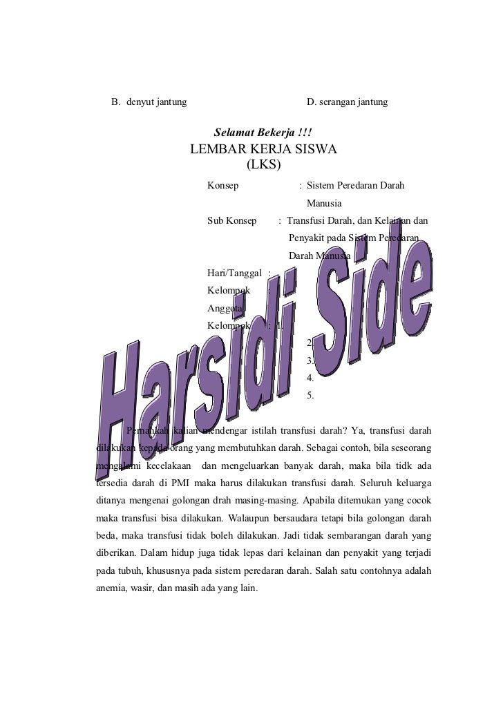 Lembar Kerja Siswa (LKS), Sistem Peredaran Darah Manusia