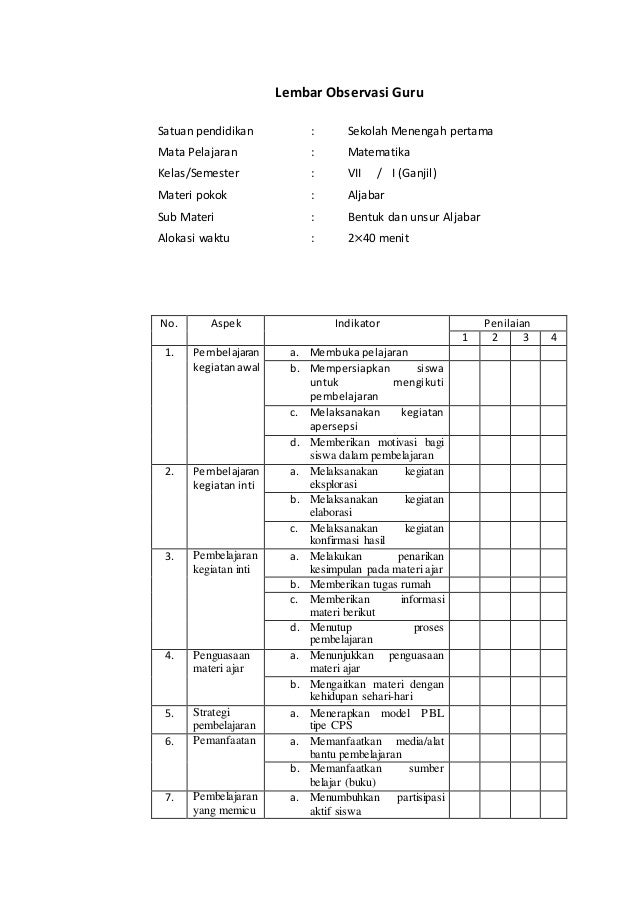 Lembar observasi guru 1
