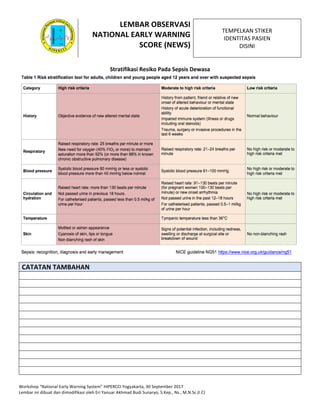 Workshop	“National	Early	Warning	System”	HIPERCCI	Yogyakarta,	30	September	2017	
Lembar	ini	dibuat	dan	dimodifikasi	oleh	Eri	Yanuar	Akhmad	Budi	Sunaryo,	S.Kep.,	Ns.,	M.N.Sc.(I.C)	
	
LEMBAR	OBSERVASI	
NATIONAL	EARLY	WARNING	
SCORE	(NEWS)	
	
TEMPELKAN	STIKER		
IDENTITAS	PASIEN		
DISINI	
	
	
Stratifikasi	Resiko	Pada	Sepsis	Dewasa	
	
	
CATATAN	TAMBAHAN	
	
	
	
	
	
	
	
	
	
	
	
	
	
	
 