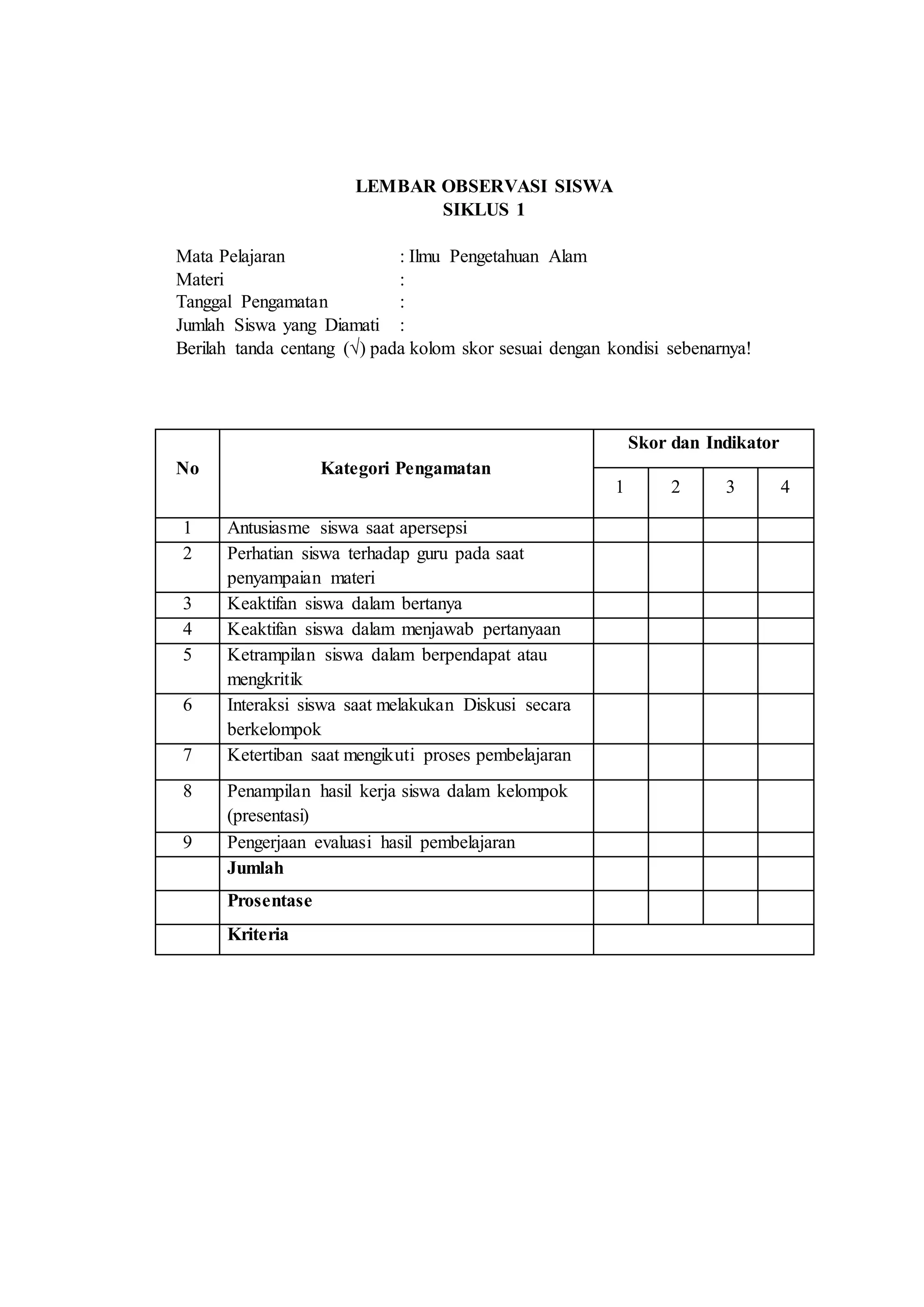 LEMBAR OBSERVASI SISWA
SIKLUS 1
Mata Pelajaran : Ilmu Pengetahuan Alam
Materi :
Tanggal Pengamatan :
Jumlah Siswa yang Diamati :
Berilah tanda centang (√) pada kolom skor sesuai dengan kondisi sebenarnya!
No Kategori Pengamatan
Skor dan Indikator
1 2 3 4
1 Antusiasme siswa saat apersepsi
2 Perhatian siswa terhadap guru pada saat
penyampaian materi
3 Keaktifan siswa dalam bertanya
4 Keaktifan siswa dalam menjawab pertanyaan
5 Ketrampilan siswa dalam berpendapat atau
mengkritik
6 Interaksi siswa saat melakukan Diskusi secara
berkelompok
7 Ketertiban saat mengikuti proses pembelajaran
8 Penampilan hasil kerja siswa dalam kelompok
(presentasi)
9 Pengerjaan evaluasi hasil pembelajaran
Jumlah
Prosentase
Kriteria