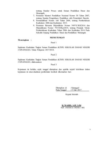v
tentang Standar Proses untuk Satuan Pendidikan Dasar dan
Menengah;
7. Peraturan Menteri Pendidikan Nasional Nomor 50 Tahun 2007,
tentang Standar Pengelolaan Pendidikan oleh Pemerintah Daerah;
8. Permendikbud Nomor 160 Tahun 2004, tentang Pemberlakuan
Kurikulum 2006 dan Kurikulum 2013.
9. Peraturan Bersama Dirjendikdas Nomor 5497/C/KR/2014 dan
Dirjendikmen Nomor 7915/D/Kp/2014, tentang Petunjuk Teknis
Pemberlakuan Kurikulum Tahun 2006 dan Kurikulum 2014 Pada
Sekolah Jenjang Pendidikan Dasar dan Pendidikan Menengah.
1.
Menetapkan :
MEMUTUSKAN
Pasal 1
Suplemen Kurikulum Tingkat Satuan Pendidikan (KTSP) SEKOLAH DASAR NEGERI
2 SINANGGUL Tahun Pelajaran 2017/2018.
Pasal 2
Suplemen Kurikulum Tingkat Satuan Pendidikan (KTSP) SEKOLAH DASAR NEGERI
2 SINANGGUL dilaksanakan
Pasal 3
Keputusan ini berlaku sejak tanggal ditetapkan dan apabila terjadi kekeliruan dalam
keputusan ini akan diadakan pembetulan kembali dikemudian hari.
Ditetapkan di : Sinanggul
Pada Tanggal : 17 Juli 2017
Kepala Sekolah
H. WAHID, S.IP, S.Pd
NIP. 19650814 198508 1 001
 