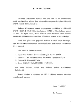 v
KATA PENGANTAR
Puju syukur kami panjatkan kehadirat Tuhan Yang Maha Esa atas segala limpahan
karunia dan hidayahnya sehingga dapat menyelesaikan penyusunan Kurikulum SEKOLAH
DASAR NEGERI 2 SINANGGUL ini.
Kurikulum ini merupakan panduan penyelenggaraan pembelajaran di SEKOLAH
DASAR NEGERI 2 SINANGGUL tahun Pelajaran 2017/2018. Dalam kurikulum terdapat
visi, misi , dan tujuan sekolah, struktur kurikulum, criteria ketuntasan, kriteria kelulusan
serta kalender pendidikan untuk acuan dalam melaksanakan kegiatan di SDN 2 Sinanggul.
Namun kami yakin dalam penyusunan kurikulum ini masih banyak kekurangan,
untuk itu kami mohon sasan/masukan dari berbagai pihak demi kemajuan pendidikan di
SDN 2 Sinanggul
Kami sampaikan terimakasih kepada :
1. Kepala Dinas Pendidikan Pemuda dan Olahraga Kabupaten JEPARA
2. Kepala UPT Dinas Pendidikan Pemuda dan Olahraga Kecamatan JEPARA
3. Pengawas SD Kecamatan JEPARA
4. Komite SEKOLAH DASAR NEGERI 2 SINANGGUL
atas arahan, bimbingan, motivasi, serta fasilitasnya sehingga terselesaikannya
kurikulum ini.
Semoga kurikulum ini bermanfaat bagi SDN 2 Sinanggul khususnya dan dunia
pendidikan pada umumnya.
Jepara, 17 Juli 2017
Tim Penyusun
 