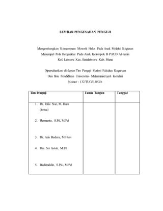 LEMBAR PENGESAHAN PENGUJI
Mengembangkan Kemampuan Motorik Halus Pada Anak Melalui Kegiatan
Menempel Pola Bergambar Pada Anak Kelompok B PAUD Al-Amin
Kel. Laiworu Kec. Batalaiworu Kab. Muna
Dipertahankan di depan Tim Penguji Skripsi Fakultas Keguruan
Dan Ilmu Pendidikan Universitas Muhammadiyah Kendari
Nomor : 132/TUG/II.0/G.b
Tim Penguji Tanda Tangan Tanggal
1. Dr. Rifai Nur, M. Hum
(ketua)
2. Hermanto, S.Pd, M.Pd
3. Dr. Aris Badara, M.Hum
4. Dra. Sri Astuti, M.Pd
5. Badaruddin, S.Pd., M.Pd
 