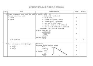 INSTRUMEN PENILAIAN DAN PEDOMAN PENSKORAN
NO SOAL PENYELESAIAN SKOR BOBOT
1. Dengan menggunakan rumus jumlah dan selisih
dua sudut, tuliskan rumus untuk:
a. sin 4𝑏.
b. tan 4b.
a. sin 4 𝑏 = sin(2𝑏 + 2𝑏)
= sin 2𝑏 .cos2𝑏 + cos2𝑏. sin 2𝑏
= 2 sin 2𝑏 .cos2𝑏
= 2 (2 sin 𝑏 . cos 𝑏)(𝑐𝑜𝑠2
𝑏 − 𝑠𝑖𝑛2
𝑏)
= 2 (2 sin 𝑏 . cos3
𝑏 − 2 𝑠𝑖𝑛3
𝑏 cos 𝑏)
= 4 sin 𝑏 . cos3
𝑏 − 4 𝑠𝑖𝑛3
𝑏 cos 𝑏
= 4 sin 𝑏 .(1 − 𝑠𝑖𝑛2
𝑏)cos 𝑏 − 4 𝑠𝑖𝑛3
𝑏 cos 𝑏
= 4 sin 𝑏.cos 𝑏 − 4 𝑠𝑖𝑛3
𝑏 cos 𝑏 − 4 𝑠𝑖𝑛3
𝑏 cos 𝑏
jadi sin 4 𝑏 = 4 sin 𝑏. cos 𝑏 − 8 𝑠𝑖𝑛3
𝑏 cos 𝑏
b. tan 4𝐵 = tan(2𝐵 + 2𝐵)
=
tan 2𝐵+tan 2𝐵
1−tan 2𝐵 .tan 2𝐵
=
2 tan 2𝐵
1−𝑡𝑎𝑛2 2𝐵
tan 2𝐴 =
2 tan 2𝐵
1−𝑡𝑎𝑛2 2𝐵
5
5
5
5
5
JUMLAH SKOR 25 25
2. Jika 𝛼 sudut lancip dan cos 𝛼 =
4
5
, hitunglah
a. tan 2𝛼
b. tan
1
2
𝛼
Penyelesaian:
dari segitiga siku-siku disamping di dapat
BC=3
tan 𝐵𝐶 =
3
4
a. tan 2𝛼 =
2 tan 𝛼
1−𝑡𝑎𝑛2
=
2 .
3
4
1−(
3
4
)
2
5
5
5
5
5
4
C
B A
𝛼
 