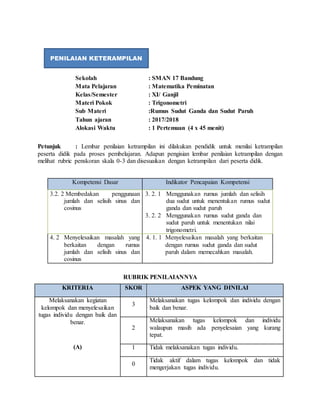 Sekolah : SMAN 17 Bandung
Mata Pelajaran : Matematika Peminatan
Kelas/Semester : XI/ Ganjil
Materi Pokok : Trigonometri
Sub Materi :Rumus Sudut Ganda dan Sudut Paruh
Tahun ajaran : 2017/2018
Alokasi Waktu : 1 Pertemuan (4 x 45 menit)
Petunjuk : Lembar penilaian ketrampilan ini dilakukan pendidik untuk menilai ketrampilan
peserta didik pada proses pembelajaran. Adapun pengisian lembar penilaian ketrampilan dengan
melihat rubric penskoran skala 0-3 dan disesuaikan dengan ketrampilan dari peserta didik.
RUBRIK PENILAIANNYA
KRITERIA SKOR ASPEK YANG DINILAI
Melaksanakan kegiatan
kelompok dan menyelesaikan
tugas individu dengan baik dan
benar.
(A)
3
Melaksanakan tugas kelompok dan individu dengan
baik dan benar.
2
Melaksanakan tugas kelompok dan individu
walaupun masih ada penyelesaian yang kurang
tepat.
1 Tidak melaksanakan tugas individu.
0
Tidak aktif dalam tugas kelompok dan tidak
mengerjakan tugas individu.
Kompetensi Dasar Indikator Pencapaian Kompetensi
3.2. 2 Membedakan penggunaan
jumlah dan selisih sinus dan
cosinus
3. 2. 1 Menggunakan rumus jumlah dan selisih
dua sudut untuk menentukan rumus sudut
ganda dan sudut paruh
3. 2. 2 Menggunakan rumus sudut ganda dan
sudut paruh untuk menentukan nilai
trigonometri.
4. 2 Menyelesaikan masalah yang
berkaitan dengan rumus
jumlah dan selisih sinus dan
cosinus
4. 1. 1 Menyelesaikan masalah yang berkaitan
dengan rumus sudut ganda dan sudut
paruh dalam memecahkan masalah.
PENILAIAN KETERAMPILAN
 