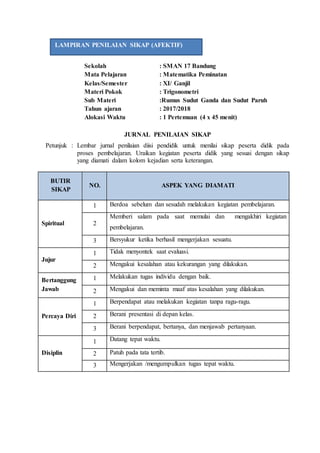 Sekolah : SMAN 17 Bandung
Mata Pelajaran : Matematika Peminatan
Kelas/Semester : XI/ Ganjil
Materi Pokok : Trigonometri
Sub Materi :Rumus Sudut Ganda dan Sudut Paruh
Tahun ajaran : 2017/2018
Alokasi Waktu : 1 Pertemuan (4 x 45 menit)
JURNAL PENILAIAN SIKAP
Petunjuk : Lembar jurnal penilaian diisi pendidik untuk menilai sikap peserta didik pada
proses pembelajaran. Uraikan kegiatan peserta didik yang sesuai dengan sikap
yang diamati dalam kolom kejadian serta keterangan.
BUTIR
SIKAP
NO. ASPEK YANG DIAMATI
Spiritual
1 Berdoa sebelum dan sesudah melakukan kegiatan pembelajaran.
2
Memberi salam pada saat memulai dan mengakhiri kegiatan
pembelajaran.
3 Bersyukur ketika berhasil mengerjakan sesuatu.
Jujur
1 Tidak menyontek saat evaluasi.
2 Mengakui kesalahan atau kekurangan yang dilakukan.
Bertanggung
Jawab
1 Melakukan tugas individu dengan baik.
2 Mengakui dan meminta maaf atas kesalahan yang dilakukan.
Percaya Diri
1 Berpendapat atau melakukan kegiatan tanpa ragu-ragu.
2 Berani presentasi di depan kelas.
3 Berani berpendapat, bertanya, dan menjawab pertanyaan.
Disiplin
1 Datang tepat waktu.
2 Patuh pada tata tertib.
3 Mengerjakan /mengumpulkan tugas tepat waktu.
LAMPIRAN PENILAIAN SIKAP (AFEKTIF)
 