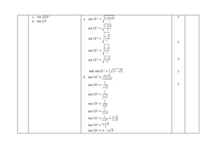 c. 𝑠𝑖𝑛 22,5°
d. tan 15°
a. sin 15° = √
1−cos 45°
2
sin 15° = √1−
1
2
√2
2
sin 15° = √1−
√2
2
2
sin 15° = √
2
2
−
√2
2
2
sin 15° = √2−√2
4
Jadi sin15 ° =
1
2
√2 − √2
b. tan 15° =
sin 30°
1+cos 30°
tan 15° =
1
2
1+
√3
2
tan 15° =
1
2
2
2
+
√3
2
tan 15° =
1
2
2+√3
2
tan 15° =
2
2+√3
tan 15° =
2
2+√3
×
2−√3
2−√3
tan 15° =
4−2√3
1
tan 15° = 4 − 2√3
5
5
5
5
5
 