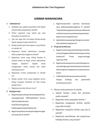 Administrasi dan Tata Organisasi

LEMBAR WAWANCARA
c. Bagaimanaprosedur supervise

1. Administrasi
a. Kebijakan apa sajakah yang dibuat oleh kepala
sekolah dalam pengelolaan sekolah?

diterapkan di sekolah ini?

uolehkomiteatauhanyasebataskepalasekolah,
bagaimanarentangwaktunya?

c. Apa saja tugas dan wewenang masing-masing
bagian organisasi pada sekolah ini?

di sekolah ini?
administrasi

d. Apakahdalamupayapengembanganmutusekol
ahpunyakewenanganpenuh?

d. Berapa jumlah guru dan pegawai yang bekerja

bentuk

yang dilakukanpadatenagakerja di sekolah?
*Apakaholehpengawasdaridinaspendidikanata

b. Sistem organisasi yang seperti apa yang

e. Bagaimana

keuangan

3. Program kemitraan
a. Bagaimanahubungansekolahdengansekolahlai
nataulembagapendidikanlaindanorganisasiling

dalam pengelolaan anggaran sekolah?
Bagaimana sistem yang sedang berjalan di

kupdaerah?

sekolah selama ini bagik seistem administrasi

f.

danevaluasi

*misal:

perguruantinggi,

organisasi PGRI

masih

b. Bagaimanahubunganantarasekolahdenganma

menggunakan sistem manual atau sudah

syarakatlingkungansekolahataukomitesekolah

terkomputerisasi?

dalamrangkameningkatkanmutudankualitasse

maupun

akademis?

Apakah

g. Bagaimana sisstem penjadwalan di sekolah
ini?

kolah?

c. Adakahjalinankerjasamaantarasekolah

h. Berapa jumlah siswa yang mengikuti proses
belajar mengajar disekolah ini? Dan berapa

dengan

lembaga

non

pemerintah

(misalnyayayasan)?

jumlah kelas?
i.

Bagaimana prosdur absensi siswa?

2. Kepegawaian
a. Bagaimanaprosedurperekrutandanpembina
antenagakerjadi

SDPondoklabu? *proses

danmetodeperekrutan,
kualifikasitenagakerja,
baikpengajarataupunbidang lain
b. Bagaimanapelaksanaandanpembagiantenagak
erja yang ada di sekolah?

4. Macam sarana prasarana di sekolah
a. Apakah fasilitas, sarana dan prasarana
sudah memadai?
b. Bagaimana teknis pengadaan fasilitas ?
c. Bagaimana penggunaan fasilitas sekolah
yang telah tersedia?
d. Bagaimana mengelola fasilitas yang ada di
sekolah?
e. Bagaimana pemeliharaan dan pengawasan
terhadap fasilitas yang tersedia?

 
