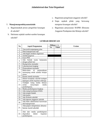 Administrasi dan Tata Organisasi

c. Bagaimana pengeloaan anggaran sekolah?
d. Siapa

sajakah

pihak

yang

mengurus keuangan sekolah?

5. Manajemenpembiayaansekolah
a. Bagaimanakah proses pengelolan keuangan
di sekolah?

e. Bagaimana penyusunan RAPBS (Rencana
Anggaran Pendapatan dan Belanja sekolah?

b. Darimana sajakah sumber-sumber keuangan
sekolah?
LEMBAR OBSERVASI
No

Aspek Pengamatan

1.
2.
3.
4.
5.

Tata tertib terpampang jelas
Data kepegawaian rapi
Ada bagan struktur organisasi
Jumlah pegawai
Guru PNS
Ada bentuk nyata kerjasama
dengan pihak lain
Ruang kelas memadai
Laboratorium lengkap
Perpustakaan memadai
Buku-buku
di
perpustakaan
menunjang untuk sumber belajar
siswa
Kamar mandi memadai
Dalam kompleks sekolah terdapat
lapangan untuk kegiatan olahraga.
Terdapat ruang media khusus
untuk
menyimpan
media
pembelajaran.
Media pembelajaran lengkap.
Ada ruang kesehatan (UKS)
Ada tempat ibadah
Ada kantin
Ada Website sekolah
Ada laporan anggaran sekolah
Ada buku administrasi kesiswaan
dan kepegawaian

6.
7.
8.
9.
10.
11.
12.
13.
14.
15.
16.
17.
18.
19.
20.

berweang

21.

Ada papan rekapitulasi absensi
harian murid sekolah

22.

Alat dan media pembelajaran
digunakan
dalam
kegiatan
pembelajaran

Pilihan ( √ )
Ya
Tidak

Uraian

 