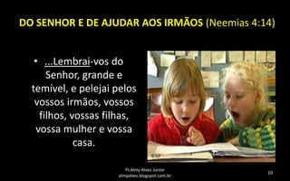 DO SENHOR E DE AJUDAR AOS IRMÃOS (Neemias 4:14)

• ...Lembrai-vos do
Senhor, grande e
temível, e pelejai pelos
vossos irmãos, vossos
filhos, vossas filhas,
vossa mulher e vossa
casa.
Pr.Almy Alves Junior
almyalves.blogspot.com.br

10

 