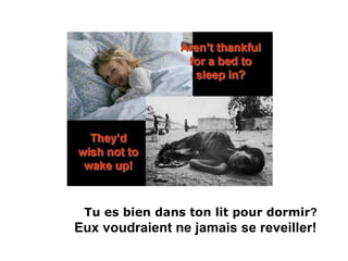 Tu es bien dans ton lit pour dormir ?  Eux voudraient ne jamais se reveiller!  
