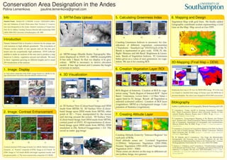 Conservation Area Designation in the Andes
Polina Lemenkova pauline.lemenkova@gmail.com
Info
Student Poster. Student ID: 3 23369248. Course: ’GEOG6038 Calibra-
tion and Validation of Earth Observation Data’ Practical 3: Conserva-
tion Area Designation in the Andes. Student: Lemenkova P. Supervisor:
Prof. Dr. E.J. Milton. Funding: Erasmus Mundus MSc Scholarship GEM-
L0022/2009/EW, University of Southampton, UK. 2009
Introduction
Páramo National Park in Ecuador is known for its unique nat-
ural resources in high altitude grasslands. The ecosystems of
Páramo consist mostly of rare species and are the key pro-
tected area for exceptionally high endemism. ENVI software
enables to make an analysis of the area and to produce a map
based on 2 criteria: vegetation amount and altitude. We need
to show vegetation growing on different heights and to create
3D-visualization of the analysis.
1. Image: Display
a): True-colour composite of the ETM+ image, bands 3,2,1 (RGB). b): Im-
age enhancement was done, since the default contrast is bad.
a) b)
2. Image: Contrast Enhancement
a) b) c)
Contrast stretched ETM+image In bands 3,2,1 (RGB). Method: Enhance-
Gaussian. a): ’Forestry’ composite of ETM+ Image in 4,5,3 bands. b):
ETM+ Image in 7-4-2 bands (RGB) with bright vegetation usually used
for general public. c): The most common false composite 4-3-2 (RGB).
3. SRTM-Data Upload
a) b)
a): SRTM-image (Shuttle Radar Topography Mis-
sion) displayed in ENVI. b): (SRTM_resampl285)
It has only 1 Band, So that we display it In grey
colour. SRTM is necessary to derive elevation
model. It has .hgt format and Contains the height
of terrain in meters.
4. 3D Visualization
a) b)
a): 3D Surface View (Colour-band Image and DEM
made from SRTM). b): 3D Surface View (Colour-
band Image upon DEM made from SRTM), other
point of 3D – 7view, manipulated by the mouse
and moving around the screen. 3D Surface View
(Colour-band Image And DEM made from SRTM),
control panel of ENVI. 3D representation (Colour-
band Image upon DEM made from SRTM). DEM
resolution is 256, Vertical Exaggeration = 2.0. File
saved as raster .jpg-image
5. Calculating Greenness Index
a) b) c)
Creating Greenness Indexes is necessary for clas-
siﬁcation of different vegetation communities
(“Transform – Tasseled Cap” ENVI) Each of the TC
Bands is represented in grey scale. ETM_TC ﬁle.
Right: Wetness and 4th Band. Brightness & Green-
ness. Bands of Vegetation Indexes. TC Greenness
Index gives us a value of zero greenness: no vege-
tation. We use it for creating ROI.
6. Creation Vegetation Layer ROI
ROI (Region of Interest). Creation of ROI In vege-
tation using “Tools–Region of Interest-ROI”. Input
Band – Greenness. Lower limit = 1.0 Max Value =
upper limit In TC Image. Result: all Vegetation is
selected (coloured yellow). Creation of ROI layer
(vegetation). SRTM as a background image. Com-
putation of Statistics (vegetation).
7. Creating Altitude Layer
Creating Altitude Zones by “Intersect Regions” for
each pair of ROIs.
Final altitude zones are: Lowland Vegetation
(1-2500m), Subparamo Vegetation (2501-3500),
Paramo Vegetation (3501-4100) and Superparamo
Vegetation (4101 – 5000).
These zones are shown on the map in different col-
ors (yellow, beige, two greens)
8. Mapping and Design
Vegetation Map with grid lines. We ﬁnally added
Geographic coordinate system representing a Grid
Line on the Map. Map saved as Geo-TIFF.
3D-Mapping (Final Map + DEM)
Displaying ﬁnal map in 3D view by SRTM DEM image. 3D of the map
was draped as classiﬁed ﬁnal image of Paramo upon the SRTM ﬁle of
elevation (heights). The colors were changed by ENVI (TIFF-conversion)
Bibliography
Author’s publications on Geography, Remote Sensing and GIS:
1
P. Lemenkova, “Using ArcGIS in Teaching Geosciences”, Russian,
B.Sc. Thesis (Lomonosov Moscow State University, Faculty of Edu-
cational Studies, Moscow, Russia, June 5, 2007), 58 pp., https : / /
thesiscommons.org/nmjgz.
2
P. Lemenkova, “Geoecological Mapping of the Barents and Pechora
Seas”, Russian, B.Sc. Thesis (Lomonosov Moscow State University, Fac-
ulty of Geography, Department of Cartography and Geoinformatics,
Moscow, Russia, May 18, 2004), 78 pp., https://thesiscommons.
org/bvwcr.
3
P. Lemenkova, Ecological and Geographical Mapping of the Baltic Sea Region
in the Gulf of Finland, Russian, Moscow, Russia: Lomonosov Moscow
State University, Mar. 30, 2002, https : / / zenodo . org / record /
2574447, Term Paper.
4
H. W. Schenke and P. Lemenkova, “Zur Frage der Meeresboden-
Kartographie: Die Nutzung von AutoTrace Digitizer für die Vek-
torisierung der Bathymetrischen Daten in der Petschora-See”, German,
Hydrographische Nachrichten 25, 16–21, ISSN: 0934-7747 (2008).
5
I. Suetova, L. Ushakova, and P. Lemenkova, “Geoinformation mapping
of the Barents and Pechora Seas”, Geography and Natural Resources 4,
edited by V. A. Snytko, 138–142, ISSN: 1875-3728 (2005), http://www.
izdatgeo.ru/journal.php?action=output&id=3&lang_num=
2&id_dop=68.
 