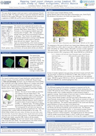 Mapping land cover changes using Landsat TM:
a case study of Yamal ecosystems, Arctic Russia
Lemenkova Polina1
, Forbes Bruce C.2
, and Kumpula Timo3
1
Dresden University of Technology (TU Dresden), Germany; 2
Arctic Center, University of Lapland (Rovaniemi, Finland); 3
University of Eastern Finland (Joensuu, Finland)
This poster is created in LATEX Contact B: Polina.Lemenkova@mailbox.tu-dresden.de
Summary
This paper details changes in land cover types in tundra landscapes (Yamal)
during since 1988. The research method is supervised classiﬁcation (Minimal
Distance) of the Landsat TM scenes. The new approach of the current work
is application of ILWIS GIS and RS tools for Bovanenkovo region.
Research area: location & environmental settings
Figure: 1. Yamal Peninsula
The research area is geographically located on the
Bovanenkovo region, the north-western part of Yamal
Peninsula, West Siberia, Russia (Fig.1). The Yamal
Peninsula is a ﬂat homogeneous lowland region with
low-lying plains of heights <90m. Such geographic
settings create speciﬁc local environmental conditions
in the region. Thus, Yamal is the worlds largest
high-latitude wetland system covering in total 900,000
km2
of peatlands, complex system of wetlands,
dense lake and river network. Typical for this
region are seasonal ﬂooding, active erosion processing,
permafrost distribution and intensive local landslides.
Dominating vegetation types are typical tundra species
(heath, grasses, moss, and lichens), and woody plants (shrubs and willows).
Research data
Figure: 2. Landsat TM images: 1988 (left) and 2011 (right)
The research data
are orthorectiﬁed Landsat
TM scenes covering
north-west of Yamal. The
images have a time span
of 23 years: 1988-08-07
and 2011-07-14,
taken in growing
season when vegetation
coverage is clearly visible.
Methods
The research methods consist of image classiﬁcation, spatial analysis and
thematic mapping, technically performed in ILIWIS GIS. Research steps:
1. Data pre-processing: a) import .img into ASCII raster format (GDAL).
After converting, each image contained collection of 7 Landsat raster bands
b) visual color and contrast enhancement c) geographic referencing of
Landsat scenes: UTM (Universal Transverse Mercator), Eastern Zone 42,
Northern Zone W, WGS 1984 datum (Georeference Corner Editor, ILWIS).
Figure: 3. Selecting AOI
(study area)
2. Research area
selection. The area of interest (AOI) was identiﬁed
and cropped on the raw images (Fig.3). This
area shows Bovanenkovo region in a large scale. The
AOI area best represents typical tundra landscapes.
3. Image classiﬁcation method is supervised
classiﬁcation (Minimal Distance), which is based on
the spatial analysis of spectral signatures of object
variables, i.e. vegetation types. The classes sampling
was performed using Sample Set tool in ILWIS GIS.
The training pixels for each land cover type were
selected as representative samples and stored as classiﬁcation key. They have
contrasting colors, visually visible and distinguishable on the image. The
deﬁned classes include shrub tundra, willows, tall willows, short shrub tundra, sparse
short shrub tundra, dry grass heath, sedge grass tundra, dry short shrub tundra, dry short
shrub sedge tundra, wet peatland, peatland (sphagnum). The pixels were associated
with land cover classes, using their DNs, similar to the key samples.
4. Thematic mapping: layout of main research results, represented as
maps of the land cover classes. The created domain Land classes includes
legend with representation colors visualizing each category.
Funding
The ﬁnancial support of this research has been provided by the Fellowship of the Center for
International Mobility (CIMO) of Finland. Contract No. TM-10-7124 (Decision 9.11.2010).
Results
The research output includes following results:
1) two thematic maps of land cover types in Bovanenkovo area, Yamal (Fig.4)
2) calculation of the areas in ha of land cover types (Tab.1).
Figure: 4. Land Cover Classes in Bovanenkovo area, Yamal Peninsula: 1988 (left) and 2011 (right)
The assessment of the areas of all land cover classes shows following results. Willows
covers 2750,57 ha in 2011, which is more than in 1988, when it covered 1547,52 ha
(both ’tall willows’ & ’willows’ classes). Noticeable is increase in tundra vegetation:
’short shrub tundra’, ’sparse short shrub tundra’ and ’dry short shrub tundra’ have
more areas covered in 2011 comparing to 1988: almost 5442,00 ha vs 1823,00 ha.
Table: 1. Statistics on the land cover classes, Bovanenkovo region, Yamal Pennsula.
Land Cover Class 1988, # pixels 2011, # pixels 1988, ha 2011, ha
Shrub tundra 220447 168226 1146.3244 874.7752
Short shrub tundra 165079 270158 858.4108 1404.8216
Willows 193645 457004 1006.954 2376.4208
Tall willows 103954 71952 540.5608 374.1504
Sparse short shrub tundra 176511 759380 917.8572 3948.776
Dry grass heath 641420 231719 3335.384 1204.9388
Sedge grass tundra 27545 57052 143.234 296.6704
Dry short shrub tundra 8984 16993 46.7168 88.3636
Wet peatland 761231 531809 3958.4012 2765.4068
Peatland (sphagnum) 120328 93979 625.7056 488.6908
Dry short shrub-sedge tundra 173693 92242 903.2036 479.6584
Increase of wooden vegetation class goes along with shrunk of grass and heath areas:
’dry grass heath’ occupied area of 3335.39 ha in 1988, while currently it covers
1204.94 ha. Slight decrease can be noticed in the ’peatlands’ and ’wet peatlands’
classes: 3958.40 ha against 2765.41 ha in 2011 by ’wet peatlands’, and 625.71 ha in
1988 versus 488.69 ha by ’peatland (sphagnum)’ class.
Conclusion
The GIS-based mapping of the northern ecosystems is important tool for the
landscape monitoring and management. Processing of remote sensing data (e.g.
Landsat TM scenes) by means of GIS (e.g. ILWIS) improves technical aspects of the
landscape studies, since it enables assessment of spatio-temporal changes in
vegetation coverage. Spatial analysis of land cover types in northern landscapes can
help to detect local environmental changes in Arctic regions.
Current research details changes in the land cover types in Bovanenkovo region,
Yamal Peninsula, during the past 2 decades. These results are received as a result of
the spatial analysis of classiﬁed images. The GIS mapping is based on the results of
the image classiﬁcation. The research results presented in the current work illustrate
spatial distribution of land cover types in the selected area.
Analysis of the results shows noticeable overall increase of woody vegetation (willows
and shrubs) and decrease of peatlands, grass and heath areas. This illustrates
environmental process of greening in Arctic, i.e. the unnatural increase of woody
plants. The gradual changes in plant species patterns and distribution aﬀect
landscape structure in Yamal ecosystems. The triggering factors for these processes
could be complex environmental changes in Arctic, as well as local cryogenic
processes (e.g. successive change in vegetation recovering after cryogenic landslides).
References
1. Kremenetski, K.V., Velichko, A.A., Borisova, O.K., MacDonald, G.M., Smith, L.C., Frey, K.E. and Orlova, L.A. [2003]. Peatlands of the Western Siberian lowlands:
current knowledge on zonation, carbon content and Late Quaternary history. Quaternary Science Reviews, 22, 703723.
2. Leibman, M.O. and Kizyakov, A.I. [2007]. Kriogennyie opolzni Yamala Yugorskovo poluostrova (Cryogenic Landslides of the Yamal and Yugorsky Peninsula). Moscow,
Earth Cryosphere Institute, Siberian Branch, Russian Academy of Science (in Russian).
3. Ukraintseva N.G and Leibman M.O. [2007]. The eﬀect of cryogenic landslides (active-layer detachments) on fertility of tundra soils on Yamal Peninsula, Russia, 1st
North American Landslide Conference. Eds.: V. Schaefer, R. Schuster and A. Turner (Vail, CO: Omnipress),1605-1615.
4. Walker, D.A., Leibman, M.O., Epstein, H.E., Forbes, B.C., Bhatt, U.S., Raynolds, M.K., Comiso, J.C., Gubarkov, A.A., Khomutov, A.V., Jia., G.J., Kaarlejrvi, E.,
Kaplan, J.O., Kumpula, T., Kuss, P., Matyshak, g., Moskalenko, N.G., Orekhov, P., Romanovsky, V.E., Ukraintseva, N.G. and Yi, Q. [2009]. Spatial and temporal
patterns of greenness on the Yamal Peninsula, Russia: interactions of ecological and social factors aﬀecting the Arctic normalized diﬀerence vegetation index.
Environmental Research Letters, 4 (16), 045004.
 