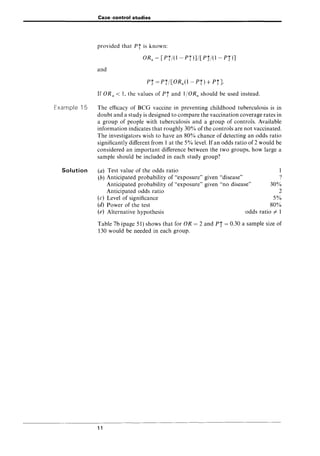 Example 15
Solution
Case--control studies
provided that Pi is known:
ORa = [Pi/(I - Pi)]/[P!I(I- Pi)]
and
Pi = Pi/[ORa(1- Pi) + PiJ.
If ORa < I, the values of Pi and IIORa should be used instead.
The efficacy of BeG vaccine in preventing childhood tuberculosis is in
doubt and a study is designed to compare the vaccination coverage rates in
a group of people with tuberculosis and a group of controls. Available
information indicates that roughly 30% of the controls are not vaccinated.
The investigators wish to have an 80% chance of detecting an odds ratio
significantly different from 1 at the 5% level. If an odds ratio of 2 would be
considered an important difference between the two groups, how large a
sample should be included in each study group?
(a) Test value of the odds ratio
(b) Anticipated probability of "exposure" given "disease"
Anticipated probability of "exposure" given "no disease"
Anticipated odds ratio
(c) Level of significance
(d) Power of the test
1
?
30%
2
5%
80%
(e) Alternative hypothesis odds ratio # 1
Table 7b (page 51) shows that for OR = 2 and Pi = 0.30 a sample size of
130 would be needed in each group.
11
 