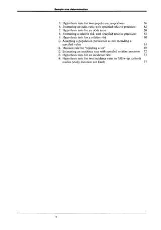 Sample size determination
5. Hypothesis tests for two population proportions 36
6. Estimating an odds ratio with specified relative precision 42
7. Hypothesis tests for an odds ratio 50
8. Estimating a relative risk with specified relative precision 52
9. Hypothesis tests for a relative risk 60
10. Acceptjng a population prevalence as not exceeding a
specified value 63
11. Decision rule for "rejecting a lot" 69
12. Estimating an incidence rate with specified relative precision 72
13. Hypothesis tests for an incidence rate 73
14. Hypothesis tests for two incidence rates in follow-up (cohort)
studies (study duration not fixed) 77
iv
 